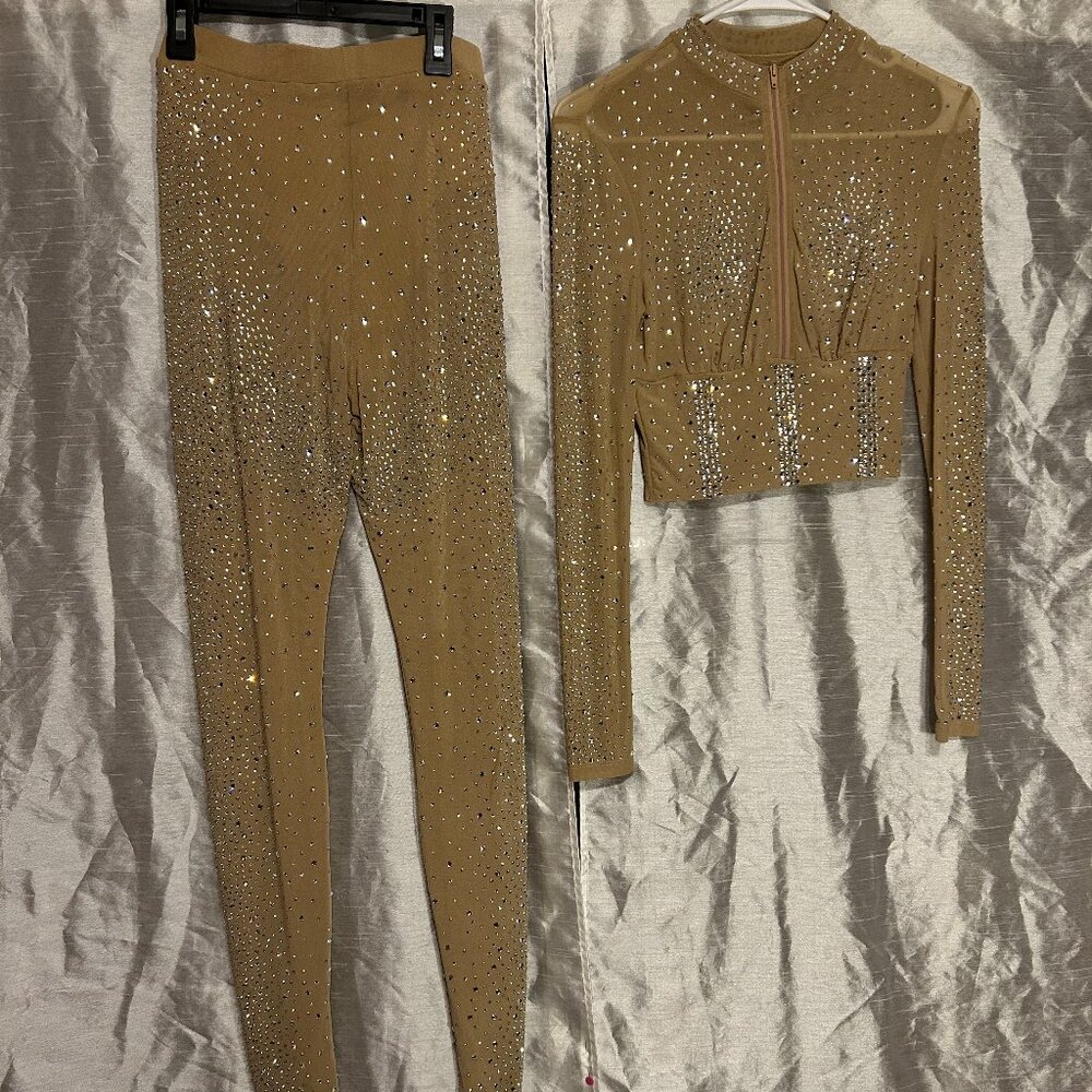 Nude Color/ Blinged Out Two-Piece Top and Pant Set